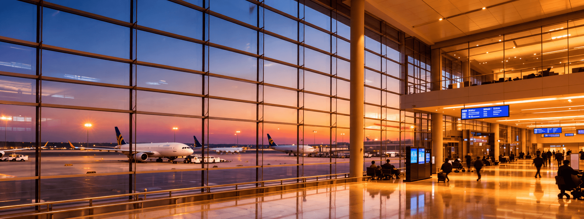 Airport terminal at sunset